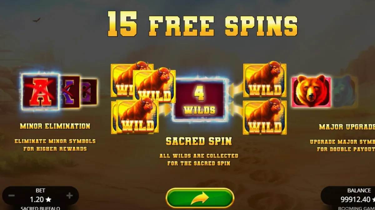 Pemandangan gurun dan simbol totem dalam slot Sacred Buffalo
