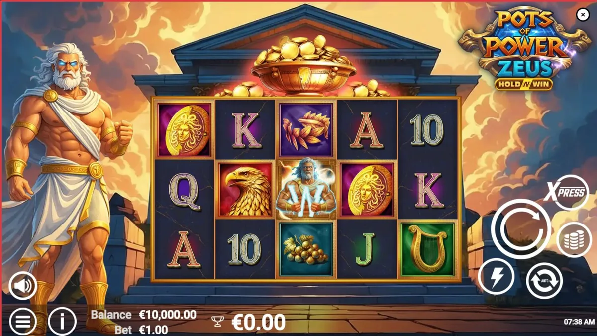 Pots of Power: Zeus slot game screen with golden pots and mythological symbols