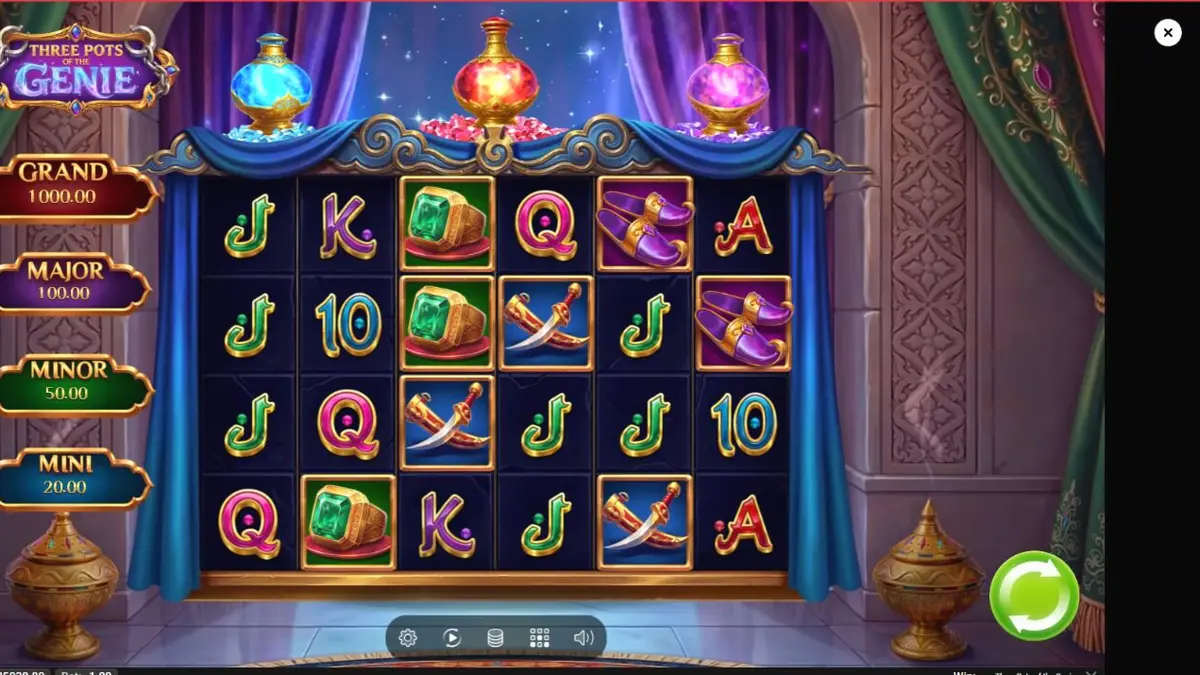 Tampilan visual slot Three Pots of the Genie dengan latar belakang Arabian Nights